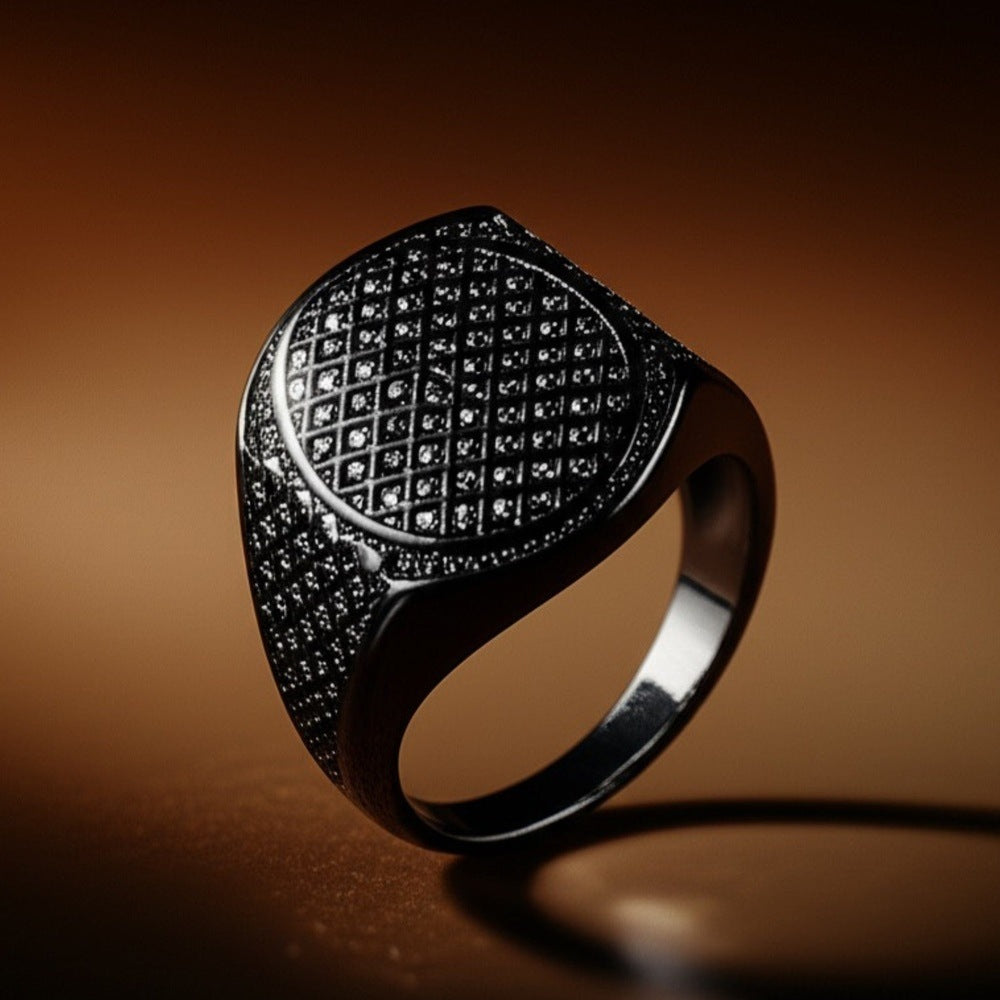 THE MEN THING Rings Royal Series - NIGHTFALL MESH RING - Pure Stainless Steel Men’s Black-Plated Ring – Statement Luxury Jewelry (Size : 16-19-21-24)