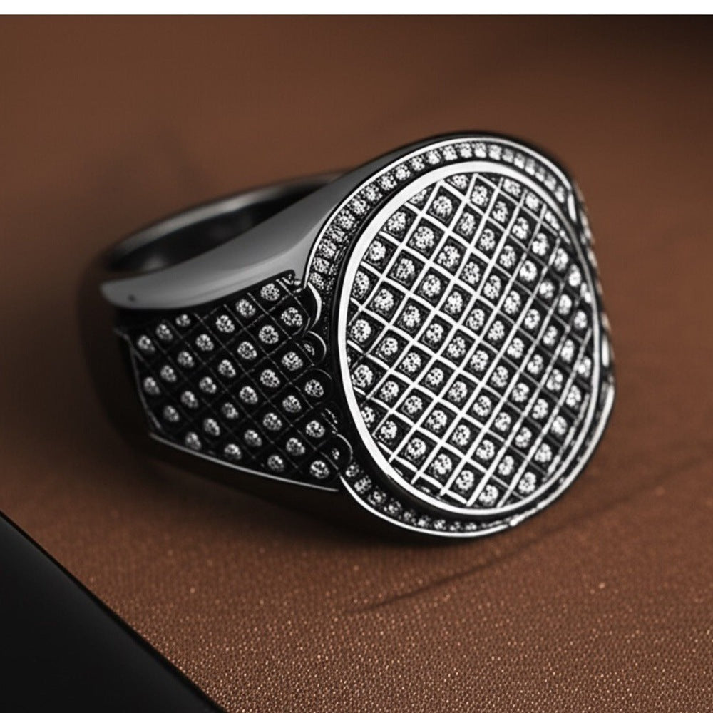 THE MEN THING Rings Royal Series - NIGHTFALL MESH RING - Pure Stainless Steel Men’s Black-Plated Ring – Statement Luxury Jewelry (Size : 16-19-21-24)