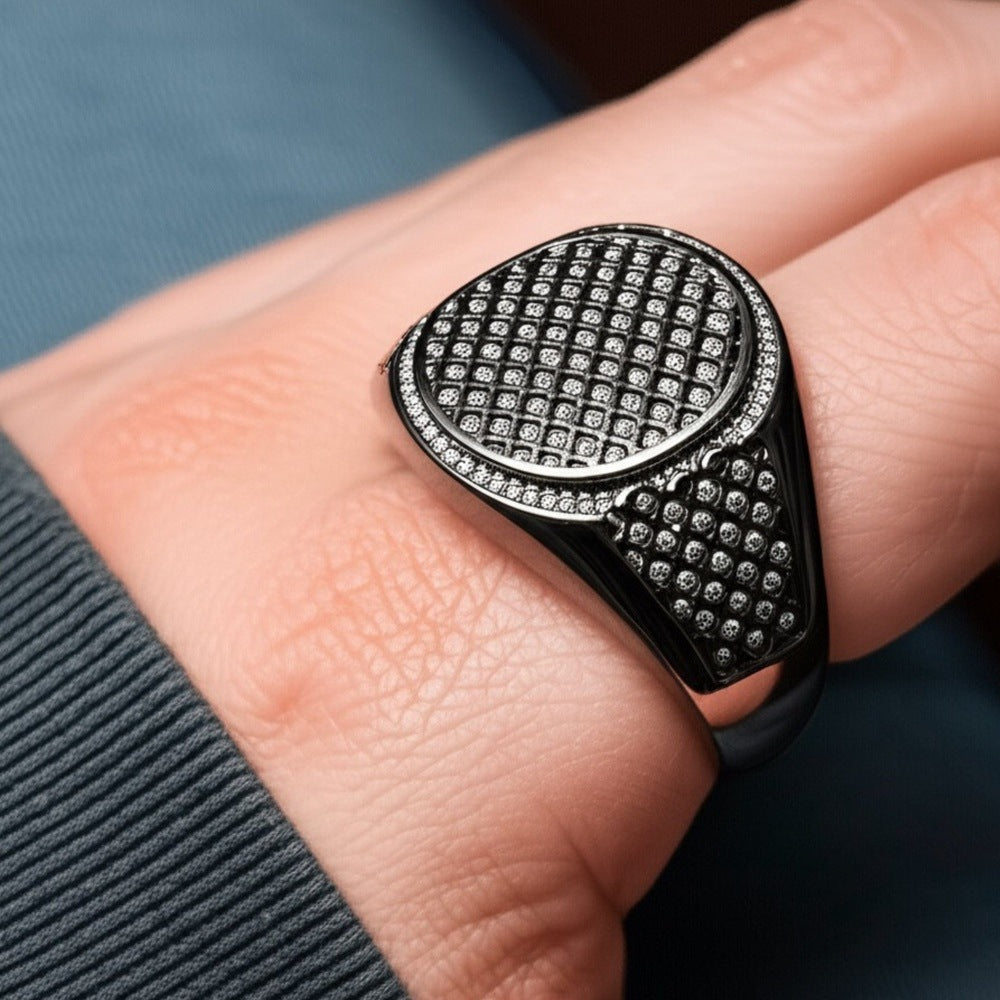 THE MEN THING Rings Royal Series - NIGHTFALL MESH RING - Pure Stainless Steel Men’s Black-Plated Ring – Statement Luxury Jewelry (Size : 16-19-21-24)