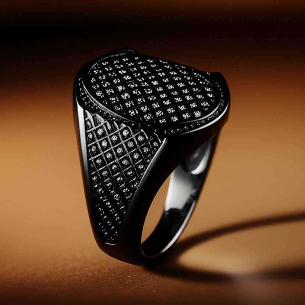 THE MEN THING Rings Royal Series - NIGHTFALL MESH RING - Pure Stainless Steel Men’s Black-Plated Ring – Statement Luxury Jewelry (Size : 16-19-21-24)