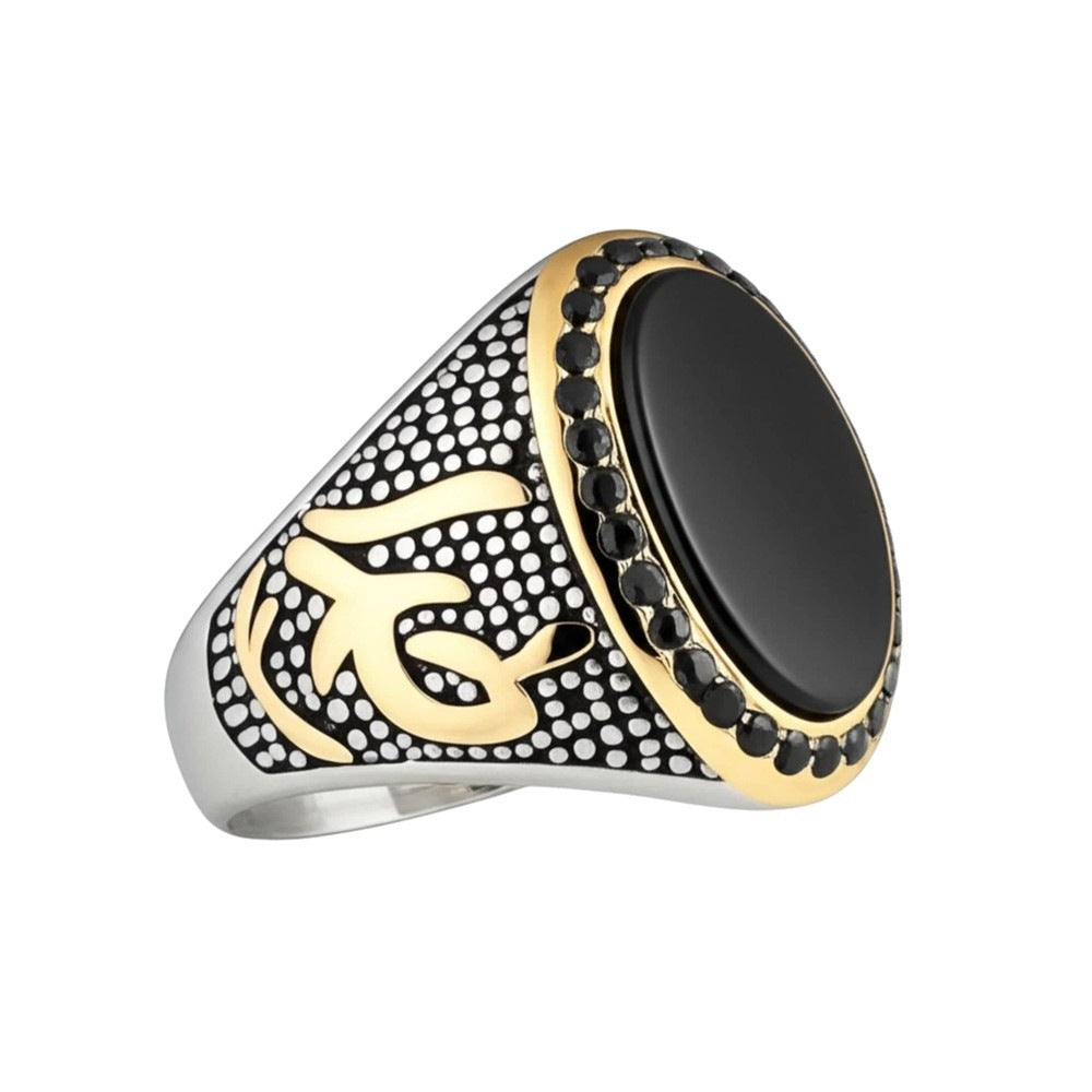 THE MEN THING Rings Royal Series - NOIR EMBLEM RING - Pure Stainless Steel Men’s Steel-Gold-Plated Ring – Statement Luxury Jewelry (Size : 21-27)