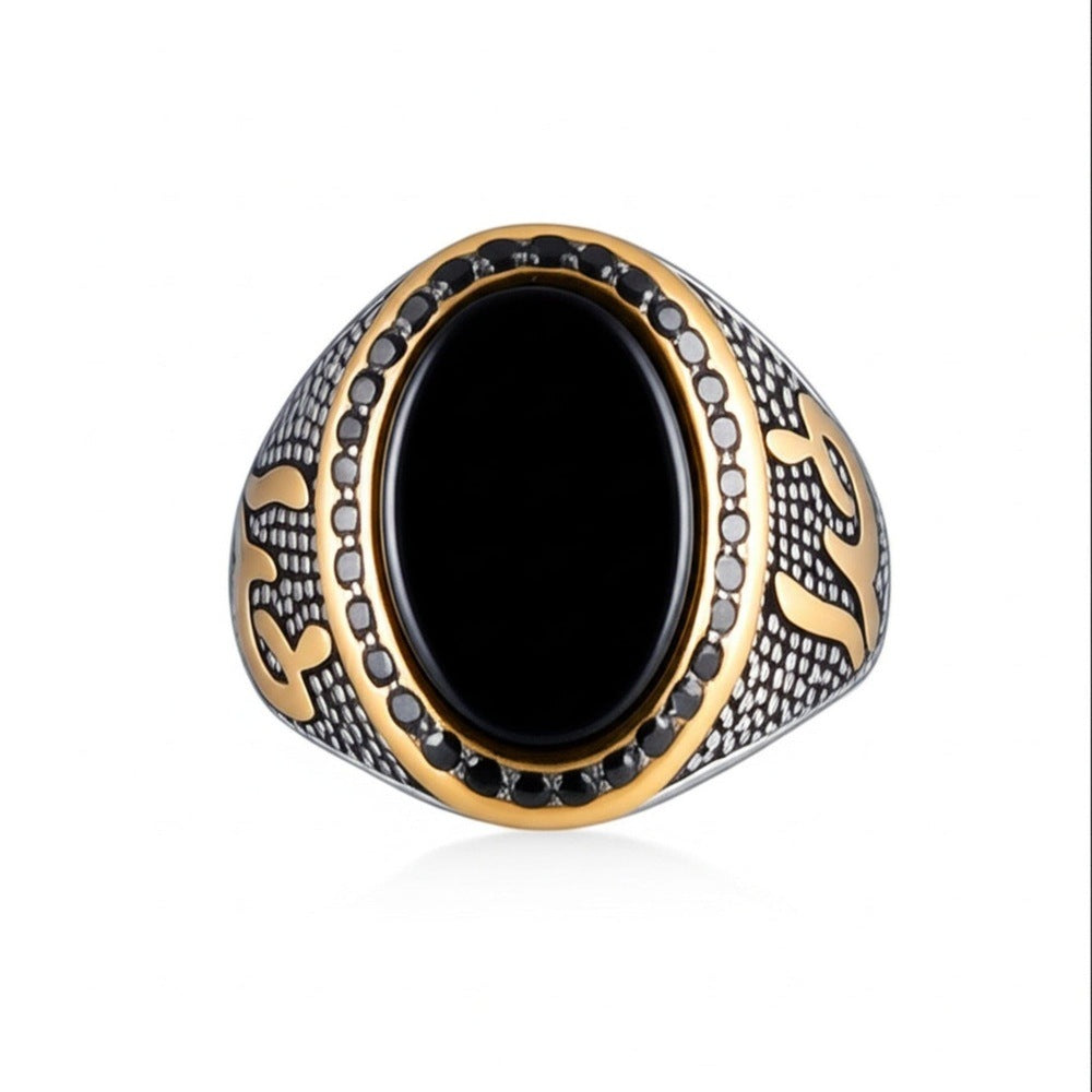 THE MEN THING Rings Royal Series - NOIR EMBLEM RING - Pure Stainless Steel Men’s Steel-Gold-Plated Ring – Statement Luxury Jewelry (Size : 21-27)