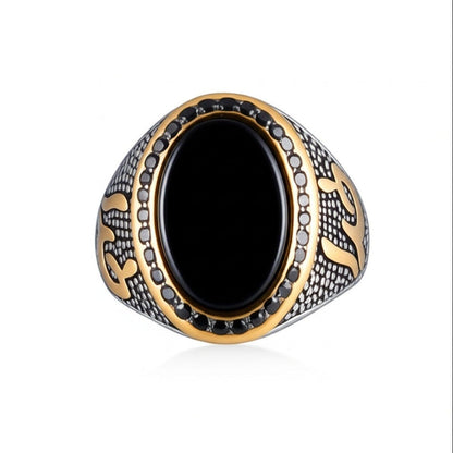 THE MEN THING Rings Royal Series - NOIR EMBLEM RING - Pure Stainless Steel Men’s Steel-Gold-Plated Ring – Statement Luxury Jewelry (Size : 21-27)