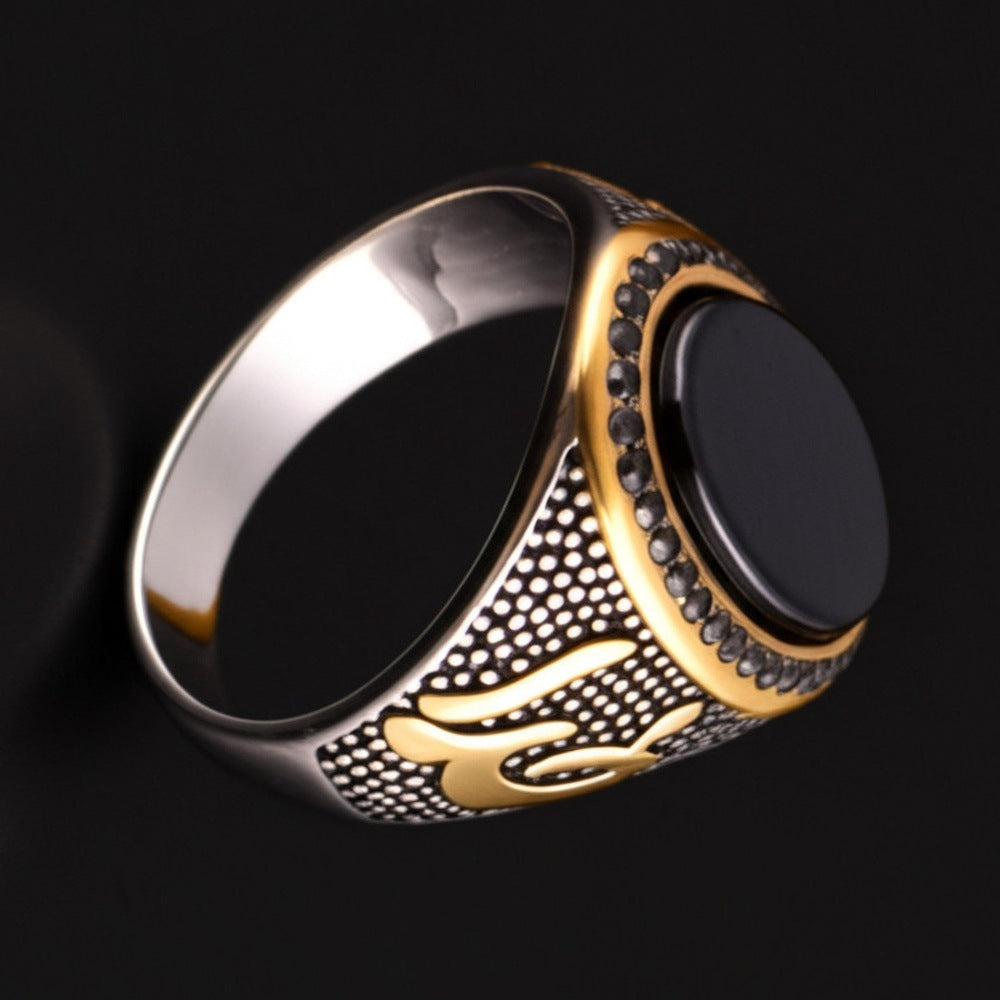 THE MEN THING Rings Royal Series - NOIR EMBLEM RING - Pure Stainless Steel Men’s Steel-Gold-Plated Ring – Statement Luxury Jewelry (Size : 21-27)