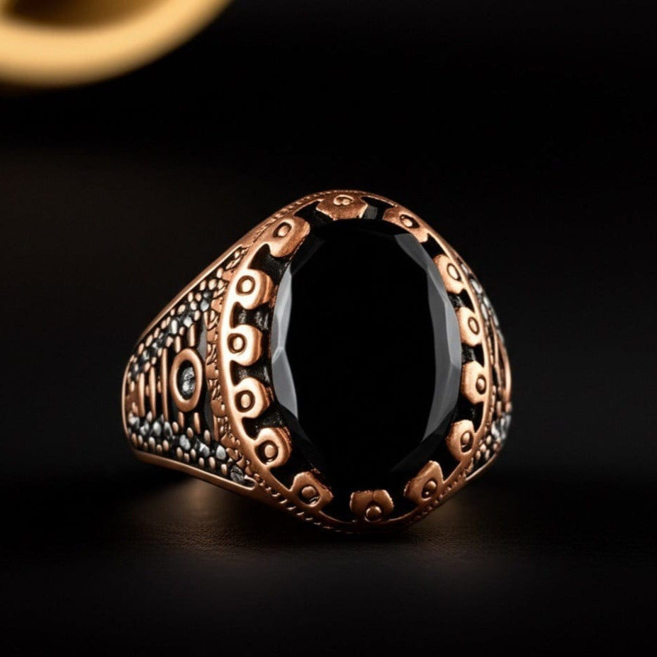THE MEN THING Rings Royal Series - RAVIK RING - Pure Stainless Steel Men’s Rose Gold-Plated Black Stone Ring – Statement Luxury Jewelry (Size : 19-22-24)