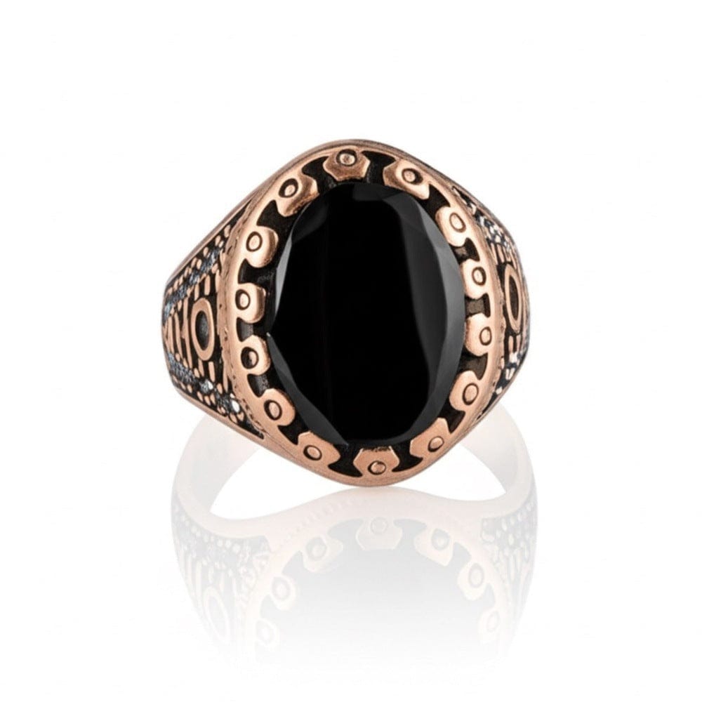 THE MEN THING Rings Royal Series - RAVIK RING - Pure Stainless Steel Men’s Rose Gold-Plated Black Stone Ring – Statement Luxury Jewelry (Size : 19-22-24)