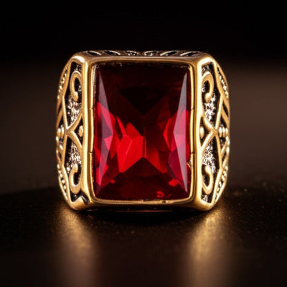 THE MEN THING Rings Royal Series - RED VALOR RING - Pure Stainless Steel Men’s Gold-Red Stone-Plated Ring – Statement Luxury Jewelry (Size : 18-21-23)