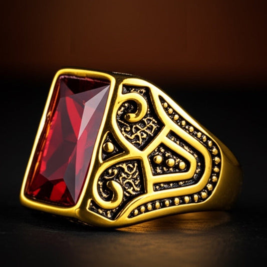 THE MEN THING Rings Royal Series - RED VALOR RING - Pure Stainless Steel Men’s Gold-Red Stone-Plated Ring – Statement Luxury Jewelry (Size : 18-21-23)