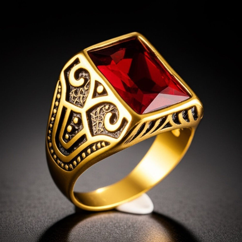 THE MEN THING Rings Royal Series - RED VALOR RING - Pure Stainless Steel Men’s Gold-Red Stone-Plated Ring – Statement Luxury Jewelry (Size : 18-21-23)