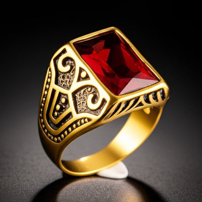 THE MEN THING Rings Royal Series - RED VALOR RING - Pure Stainless Steel Men’s Gold-Red Stone-Plated Ring – Statement Luxury Jewelry (Size : 18-21-23)