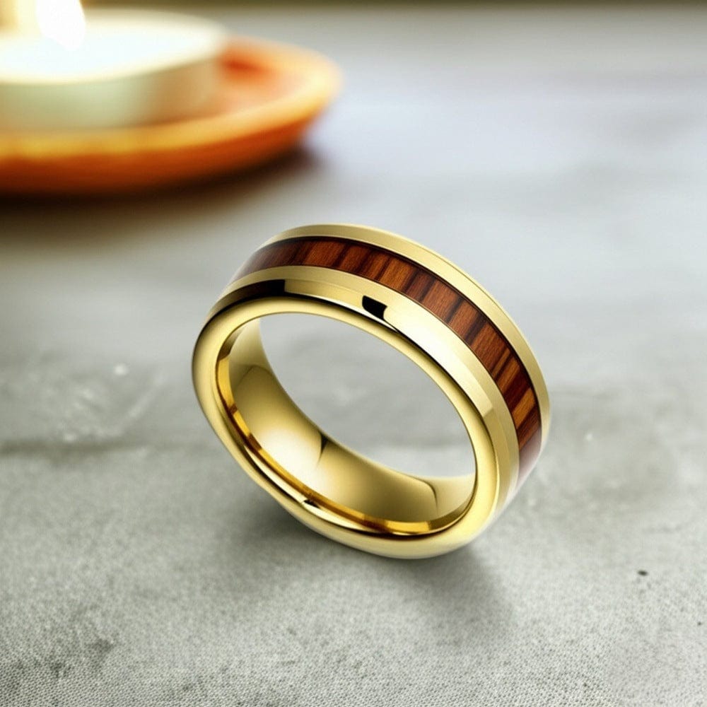 THE MEN THING Rings Royal Series - REDWOOD BAND RING - Pure Stainless Steel Men’s Gold-Plated Brown Strip Ring – Statement Luxury Jewelry (Size : 17-19-22-24)