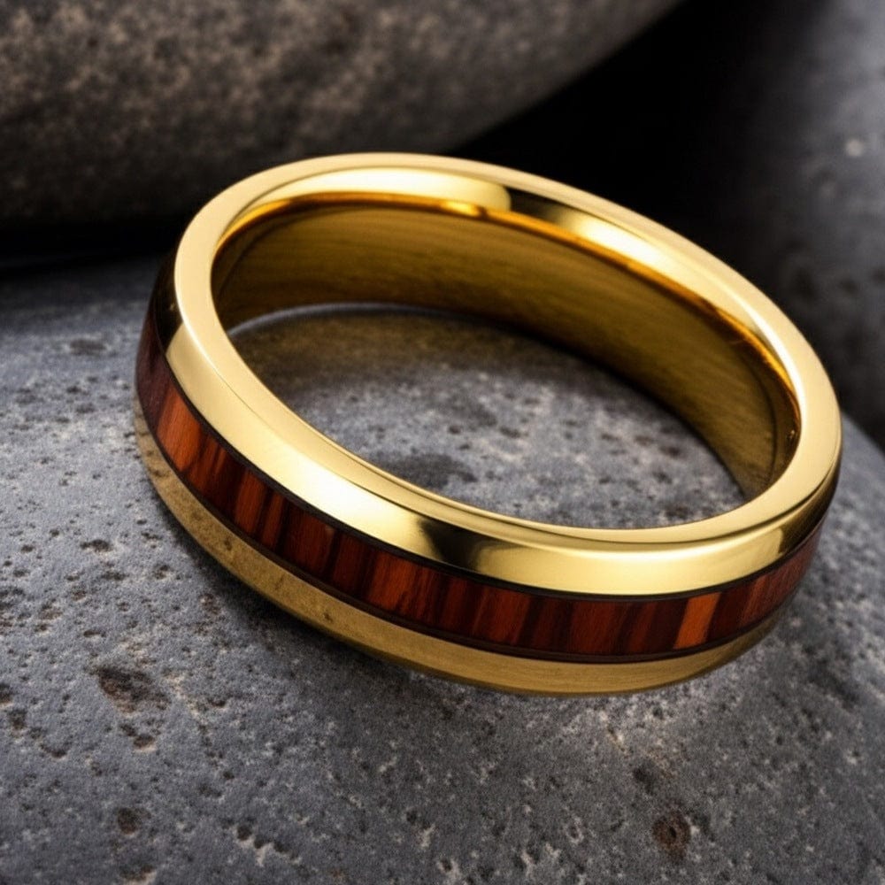 THE MEN THING Rings Royal Series - REDWOOD BAND RING - Pure Stainless Steel Men’s Gold-Plated Brown Strip Ring – Statement Luxury Jewelry (Size : 17-19-22-24)