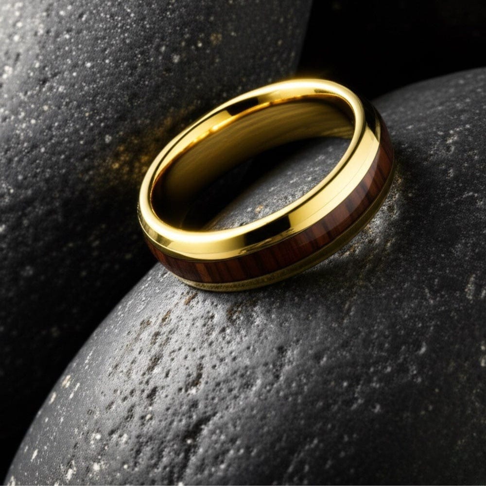 THE MEN THING Rings Royal Series - REDWOOD BAND RING - Pure Stainless Steel Men’s Gold-Plated Brown Strip Ring – Statement Luxury Jewelry (Size : 17-19-22-24)