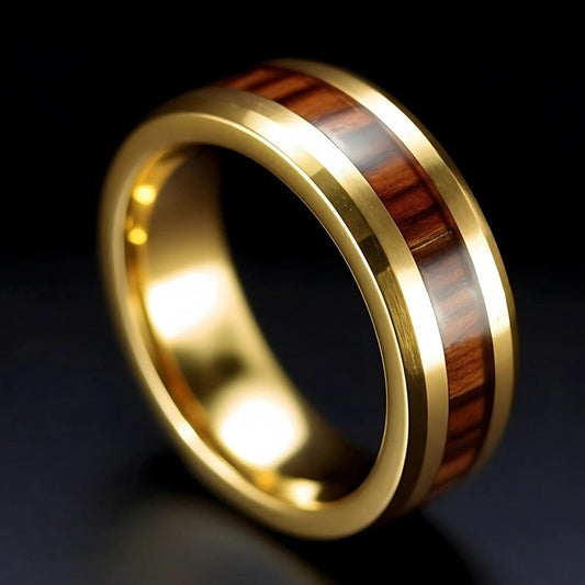 THE MEN THING Rings Royal Series - REDWOOD BAND RING - Pure Stainless Steel Men’s Gold-Plated Brown Strip Ring – Statement Luxury Jewelry (Size : 17-19-22-24)