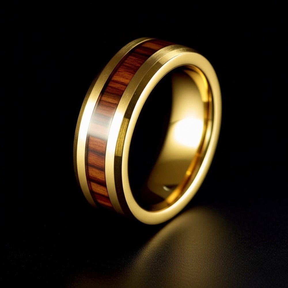 THE MEN THING Rings Royal Series - REDWOOD BAND RING - Pure Stainless Steel Men’s Gold-Plated Brown Strip Ring – Statement Luxury Jewelry (Size : 17-19-22-24)