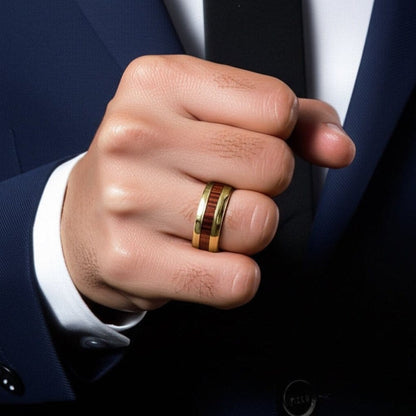 THE MEN THING Rings Royal Series - REDWOOD BAND RING - Pure Stainless Steel Men’s Gold-Plated Brown Strip Ring – Statement Luxury Jewelry (Size : 17-19-22-24)
