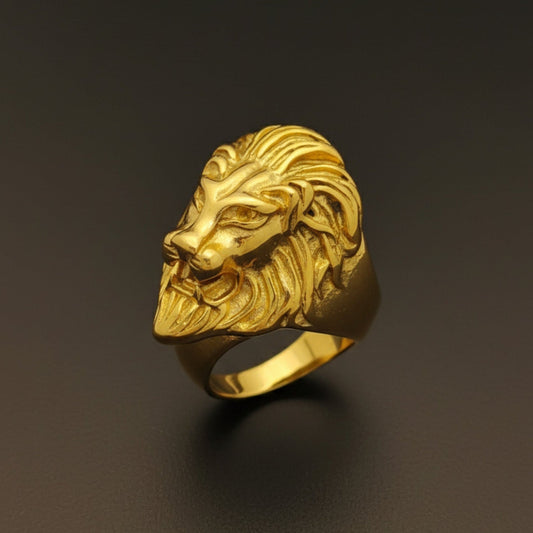 THE MEN THING Rings Royal Series - REGAL LION KING RING - Pure Stainless Steel Men’s Gold-Plated Ring – Statement Luxury Jewelry (Size :16-18-20-24-25-26-27-30-31 )