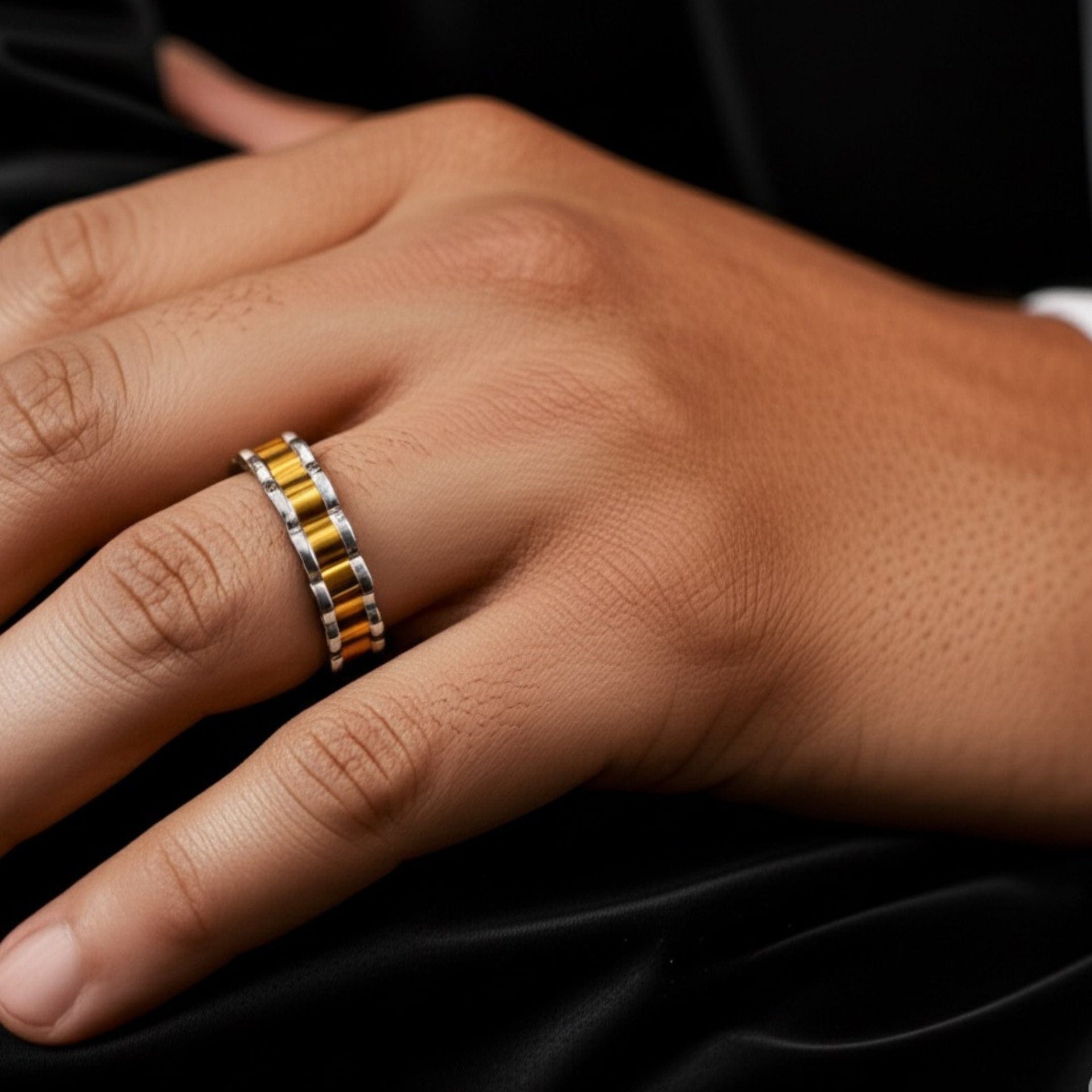 THE MEN THING Rings Royal Series - RIPPLE BAND RING - Pure Stainless Steel Men’s Steel-Gold-Plated Ring – Statement Luxury Jewelry (Size : 16-19-22-24-27)