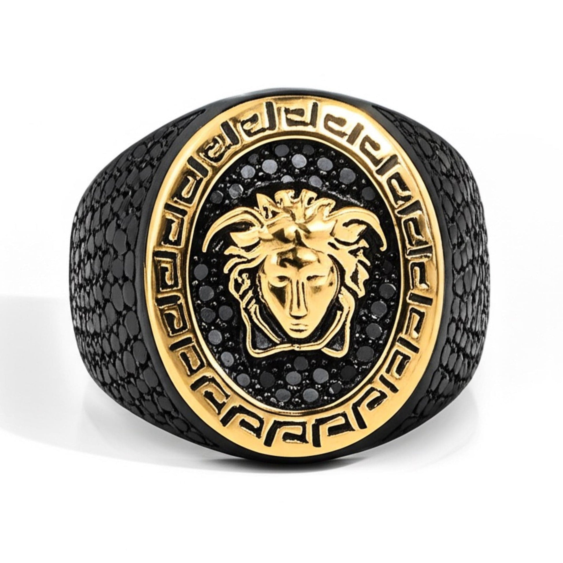THE MEN THING Rings Royal Series - TITAN’S GAZE RING - Pure Stainless Steel Men’s Black-Gold-Plated Ring – Statement Luxury Jewelry (Size : 19-22-24)