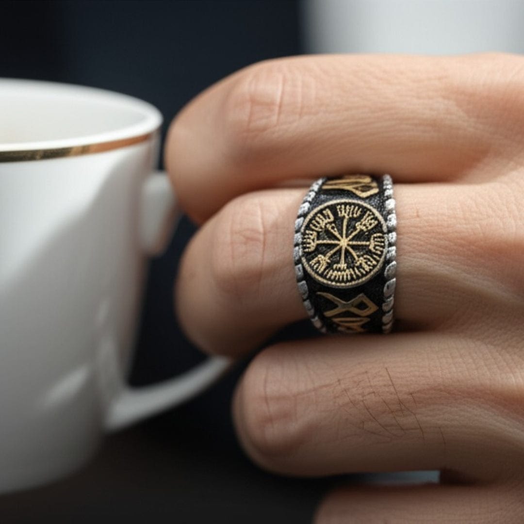 THE MEN THING Rings Royal Series - VEGVISIR VALOR RING - Pure Stainless Steel Men’s Steel-Gold-Plated Ring – Statement Luxury Jewelry (Size : 19-22-25-27)