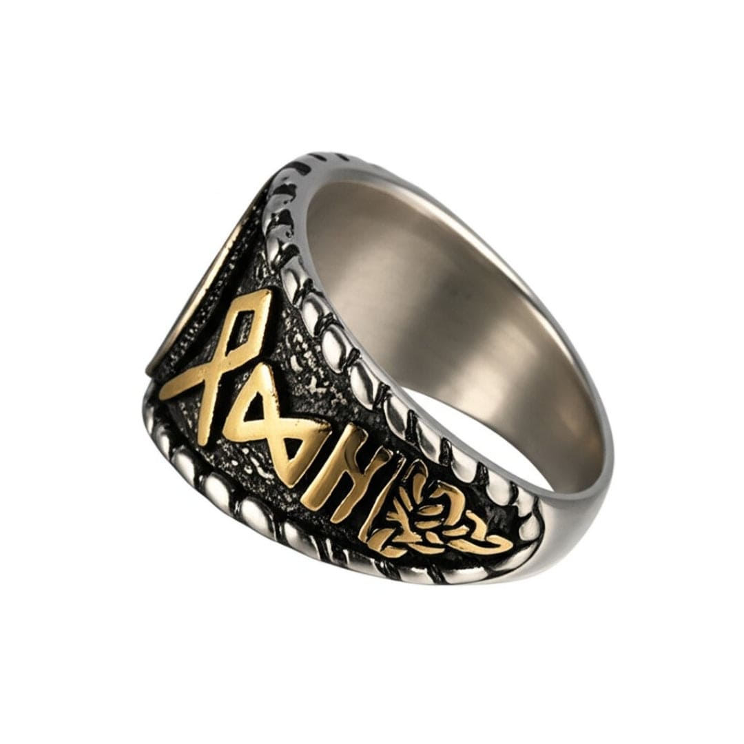 THE MEN THING Rings Royal Series - VEGVISIR VALOR RING - Pure Stainless Steel Men’s Steel-Gold-Plated Ring – Statement Luxury Jewelry (Size : 19-22-25-27)