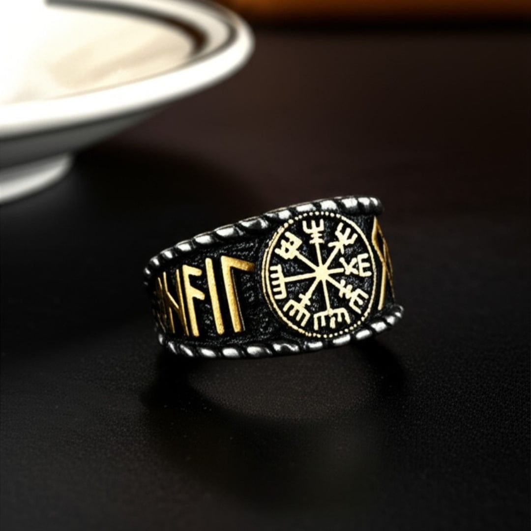 THE MEN THING Rings Royal Series - VEGVISIR VALOR RING - Pure Stainless Steel Men’s Steel-Gold-Plated Ring – Statement Luxury Jewelry (Size : 19-22-25-27)