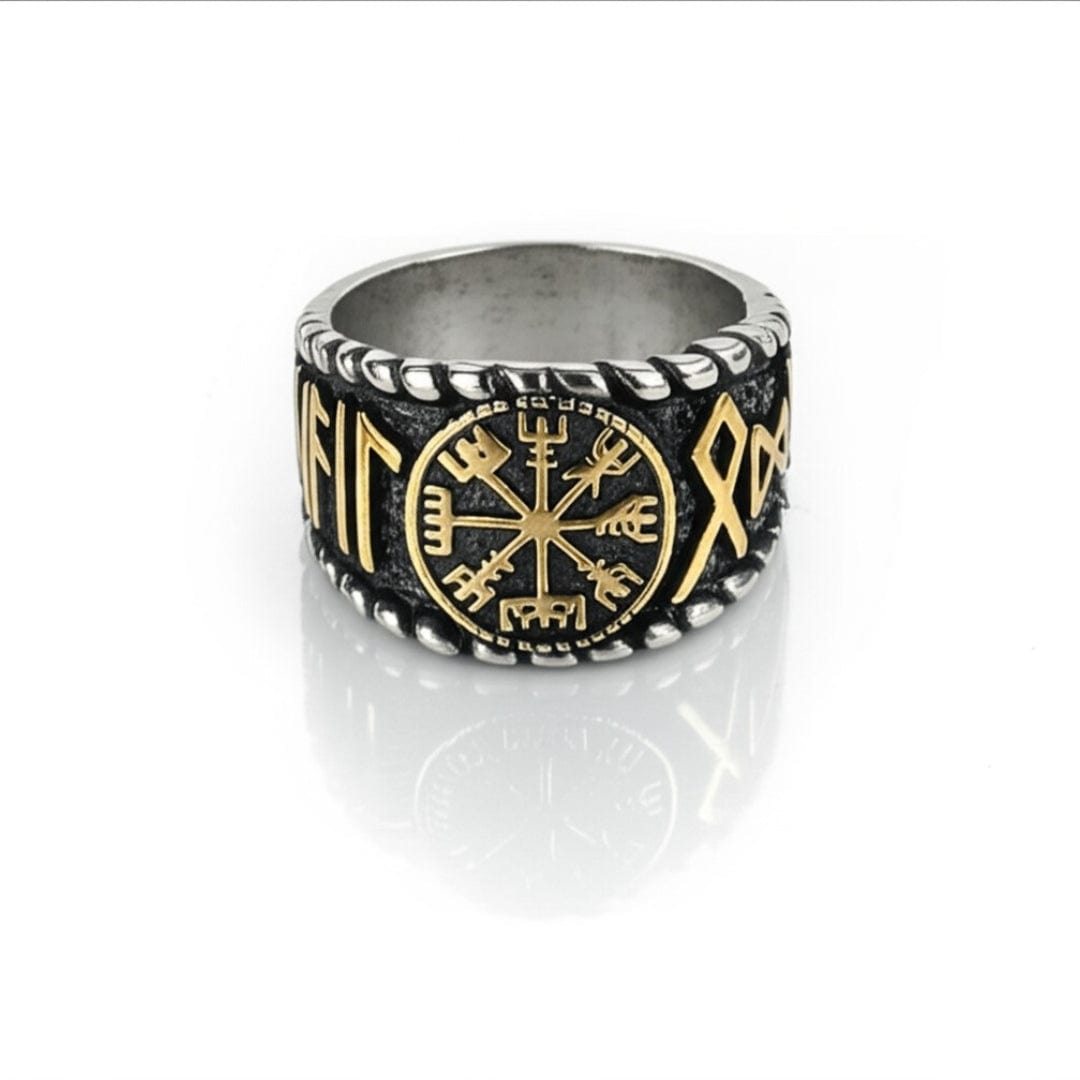 THE MEN THING Rings Royal Series - VEGVISIR VALOR RING - Pure Stainless Steel Men’s Steel-Gold-Plated Ring – Statement Luxury Jewelry (Size : 19-22-25-27)