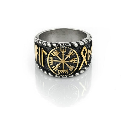 THE MEN THING Rings Royal Series - VEGVISIR VALOR RING - Pure Stainless Steel Men’s Steel-Gold-Plated Ring – Statement Luxury Jewelry (Size : 19-22-25-27)