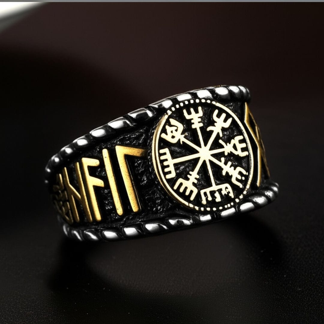 THE MEN THING Rings Royal Series - VEGVISIR VALOR RING - Pure Stainless Steel Men’s Steel-Gold-Plated Ring – Statement Luxury Jewelry (Size : 19-22-25-27)
