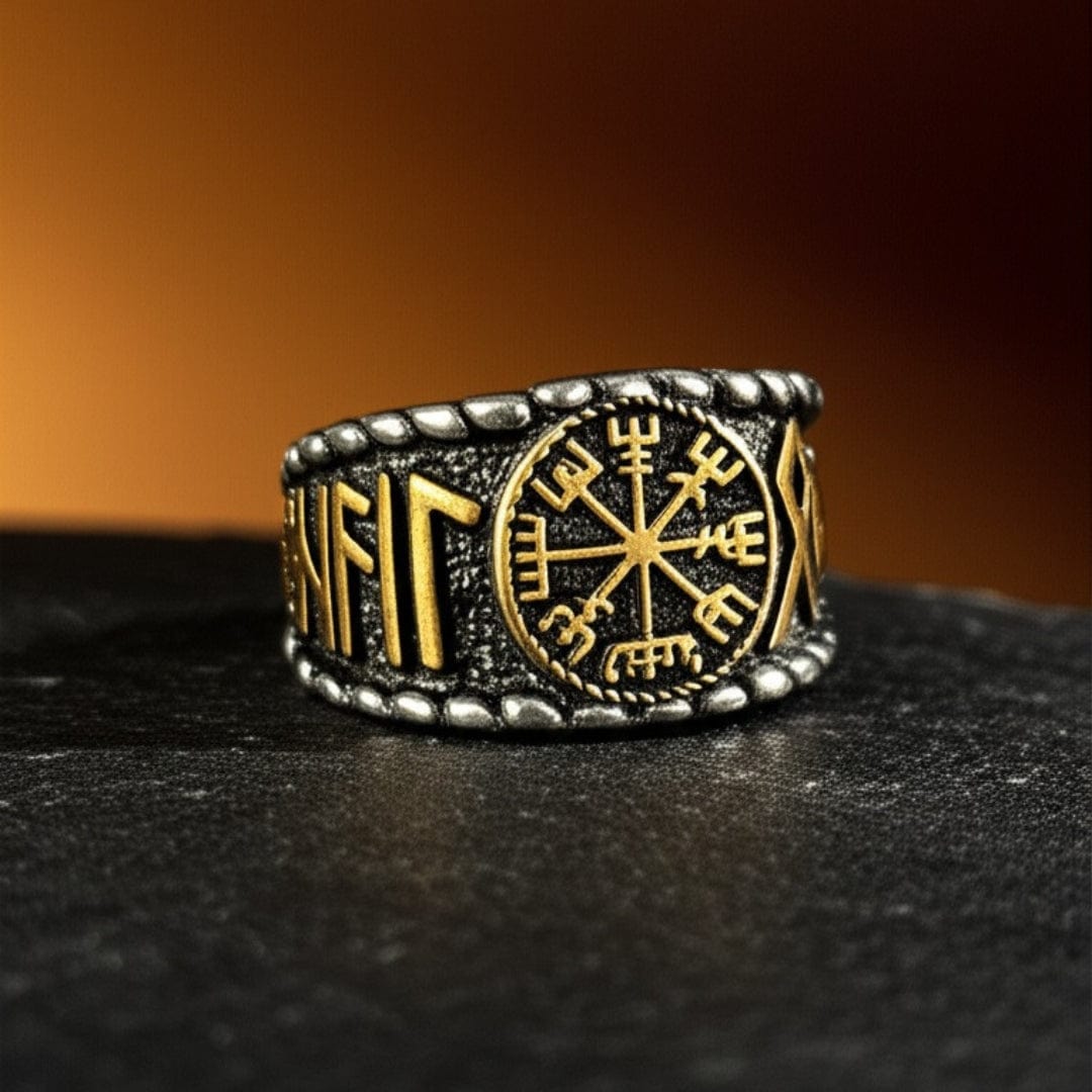 THE MEN THING Rings Royal Series - VEGVISIR VALOR RING - Pure Stainless Steel Men’s Steel-Gold-Plated Ring – Statement Luxury Jewelry (Size : 19-22-25-27)