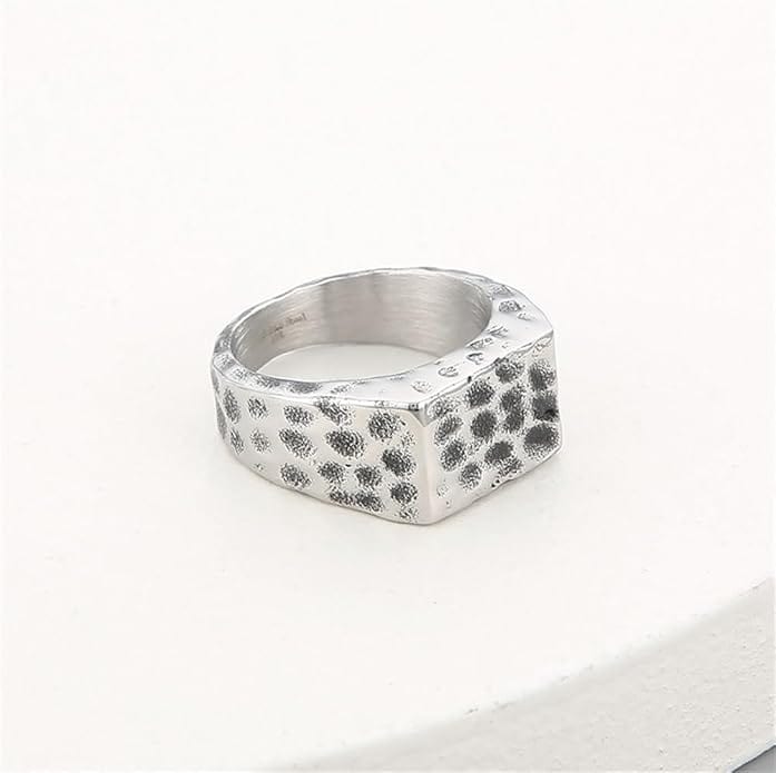 THE MEN THING Rings STERLING SILVER SQUARE HAMMERED RING - Silver Steel Ring - Pure Titanium Steel Ring for Men Size - 21
