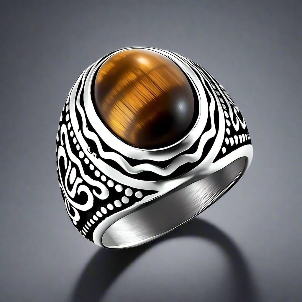THE MEN THING Rings TIGER EYE BROWN - Vintage Tiger Eye Stone Rings for Men  | Pure Titanium Steel Ring Jewellery (Size - 17-21- 24)