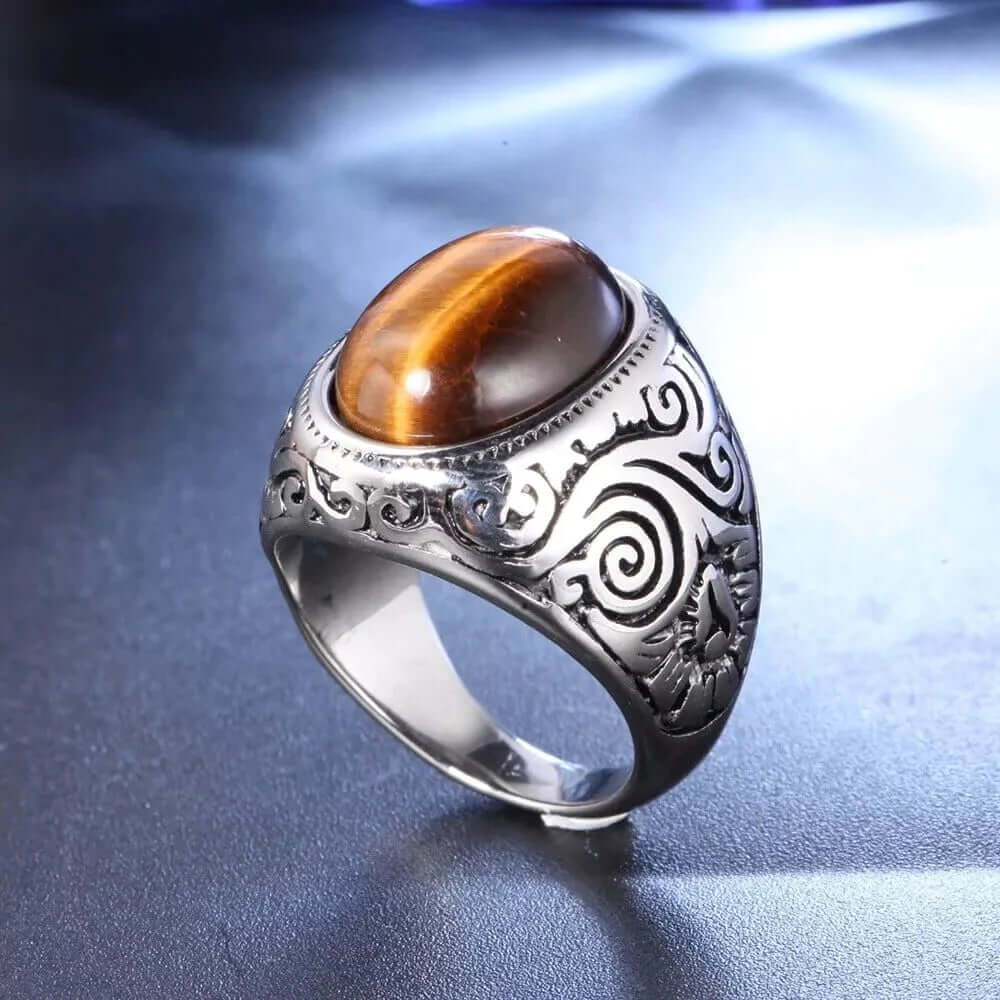 THE MEN THING Rings TIGER EYE BROWN - Vintage Tiger Eye Stone Rings for Men  | Pure Titanium Steel Ring Jewellery (Size - 17-21- 24)