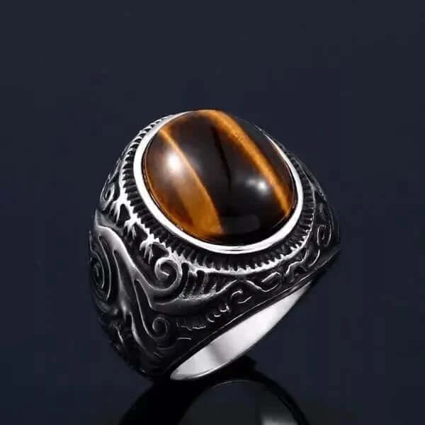 THE MEN THING Rings TIGER EYE BROWN - Vintage Tiger Eye Stone Rings for Men  | Pure Titanium Steel Ring Jewellery (Size - 17-21- 24)