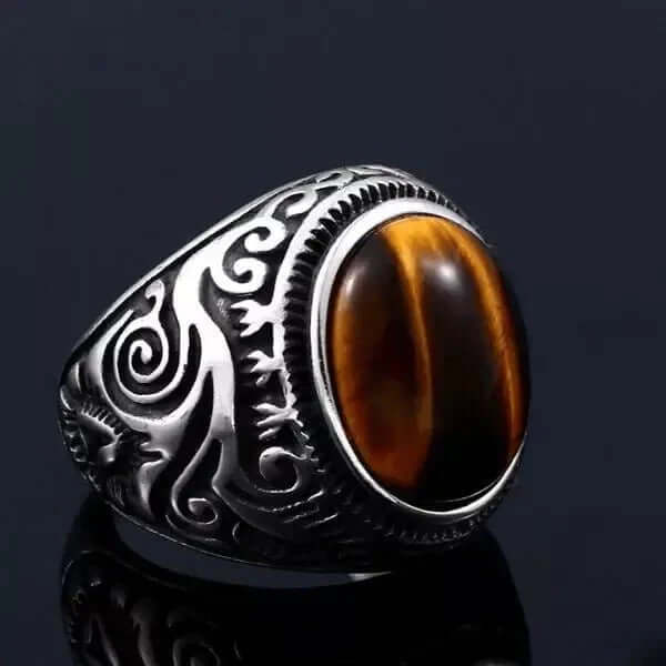THE MEN THING Rings TIGER EYE BROWN - Vintage Tiger Eye Stone Rings for Men  | Pure Titanium Steel Ring Jewellery (Size - 17-21- 24)