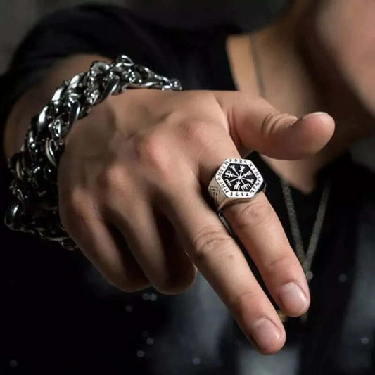 THE MEN THING Rings TOTEM COMPASS VIKING - Titanium Ring (Silver - Size 17-22- 24)