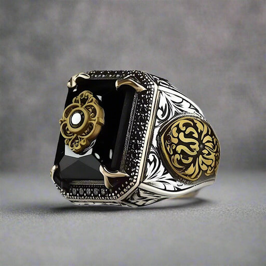 THE MEN THING Rings TURKISH SIGNET -  Vintage Ethnic Hand-carved Black Onyx  Titanium  Steel Rings for Men and Boys (Size : 21)