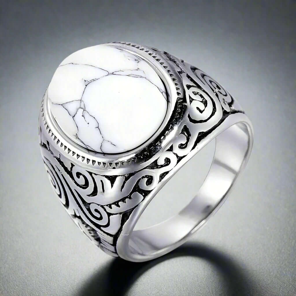 THE MEN THING Rings WHITE WHISPER - Titanium Steel Vintage Ring with White Stone (Size, 17-21- 24)