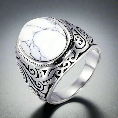 THE MEN THING Rings WHITE WHISPER - Titanium Steel Vintage Ring with White Stone (Size, 17-21- 24)