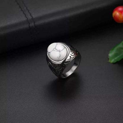 THE MEN THING Rings WHITE WHISPER - Titanium Steel Vintage Ring with White Stone (Size, 17-21- 24)