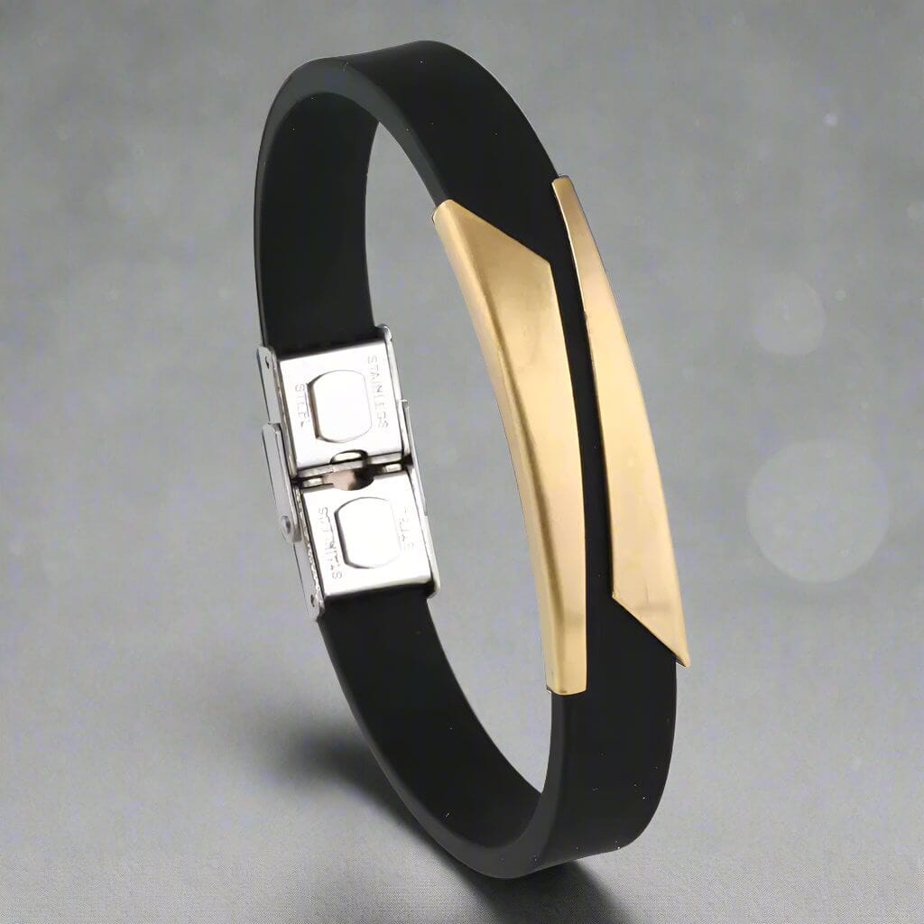 THE MEN THING Silicone Strap Bracelet MIDNIGHT SHADE GOLD - Genuine Silicone Strap Bracelet with Stainless Steel Buckle Lock  for Men & Boys (8 inch)