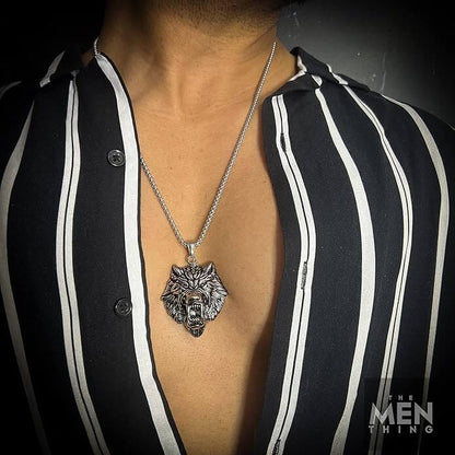THE MEN THING SS Pendant/ Necklace ANGRY  WOLF - Pure Titanium Steel Wolf Pendant with 24inch Round Box Chain for Men & Boys
