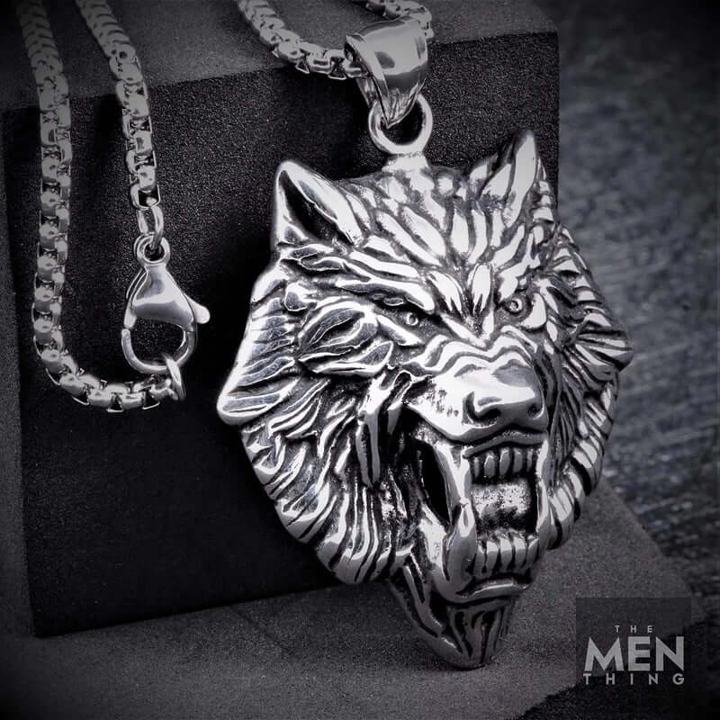 THE MEN THING SS Pendant/ Necklace ANGRY  WOLF - Pure Titanium Steel Wolf Pendant with 24inch Round Box Chain for Men & Boys
