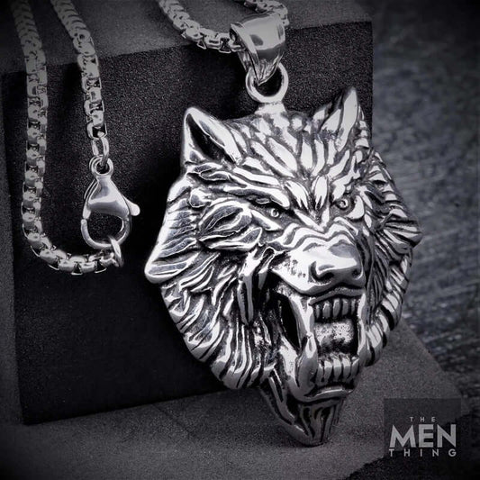 THE MEN THING SS Pendant/ Necklace ANGRY  WOLF - Pure Titanium Steel Wolf Pendant with 24inch Round Box Chain for Men & Boys