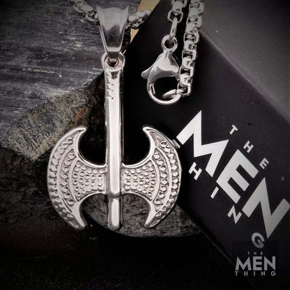 THE MEN THING SS Pendant/ Necklace BATTLE DOUBLE AXE - Pure Titanium Steel Axe Pendant with 24inch Round Box Chain for Men & Boys