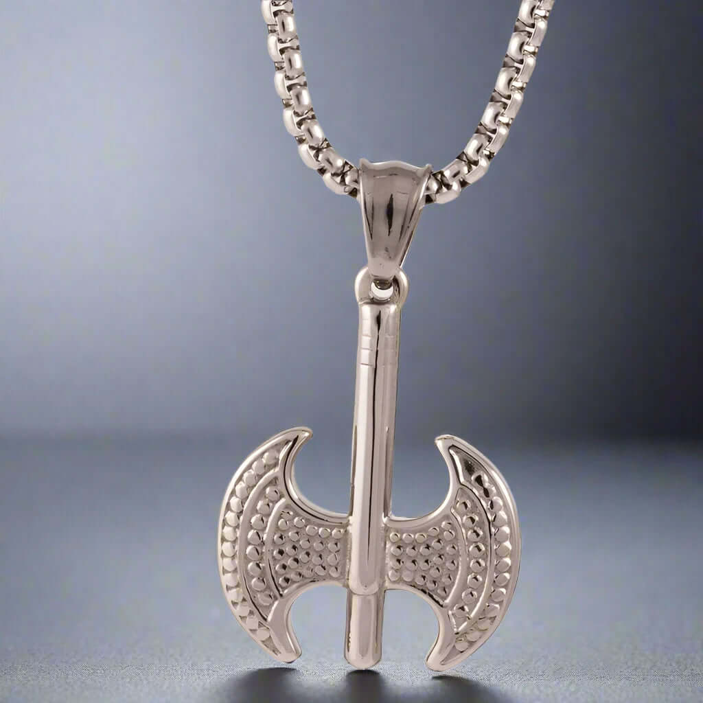 THE MEN THING SS Pendant/ Necklace BATTLE DOUBLE AXE - Pure Titanium Steel Axe Pendant with 24inch Round Box Chain for Men & Boys