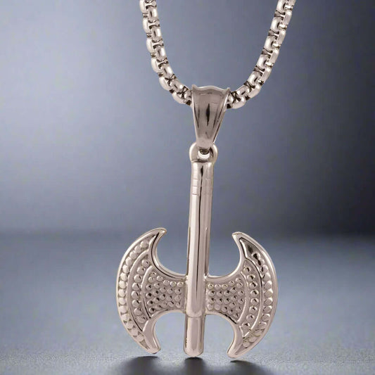 THE MEN THING SS Pendant/ Necklace BATTLE DOUBLE AXE - Pure Titanium Steel Axe Pendant with 24inch Round Box Chain for Men & Boys
