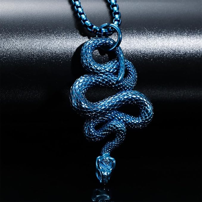 THE MEN THING SS Pendant/ Necklace BLUE GUARDIAN SNAKE - Pure Titanium Steel Pendant with 24inch Round Box Chain for Men & Boys