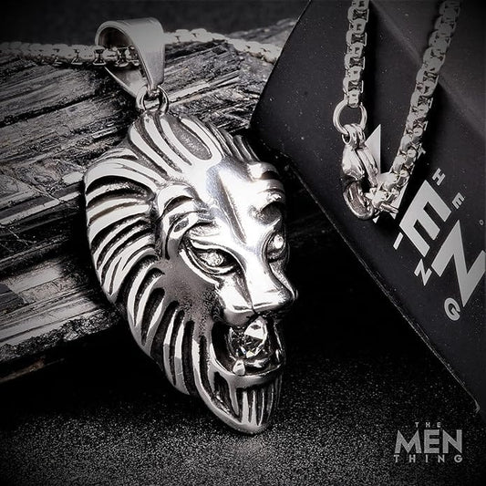 THE MEN THING SS Pendant/ Necklace CALM LION- Pure Titanium Steel Pendant with 24inch Round Box Chain for Men & Boys