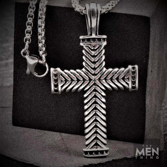 THE MEN THING SS Pendant/ Necklace CHEVRON CROSS - Titanium Steel Pendant with 24inch Round Box Chain for Men & Boys